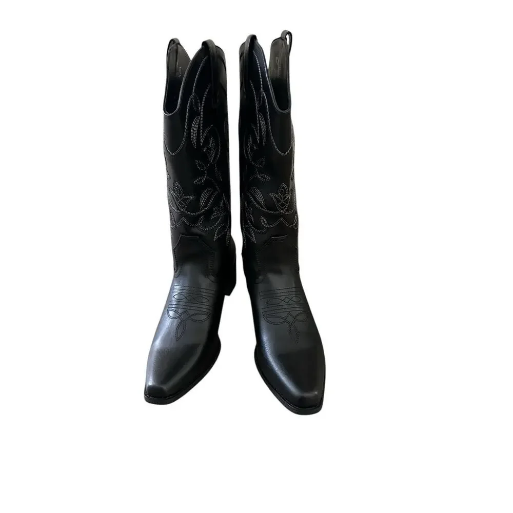 IUV Women’s Size 10 Black Leather Cowboy Cowgirl Boots Embroidered Pointy Toe